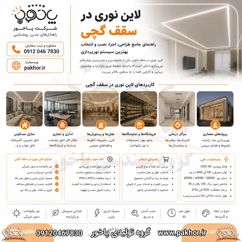 لاین نوری در سقف گچی | راهنمای جامع طراحی، اجرا، نصب و انتخاب بهترین سیستم نورپردازی